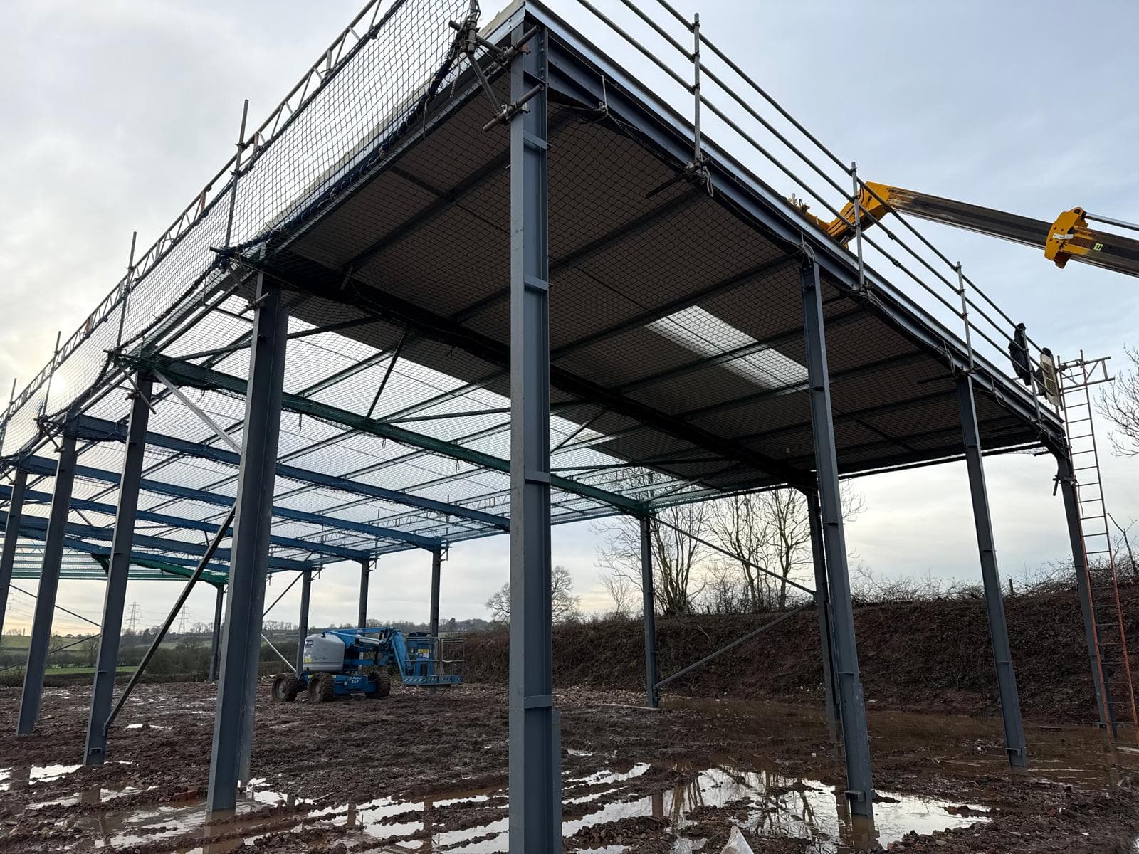 Rural steel frame structure during erection